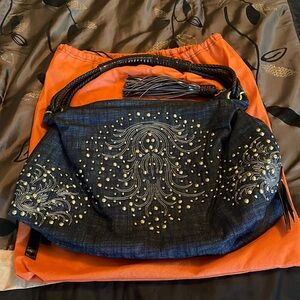Sharif Denim Embroidered Studded Bag
